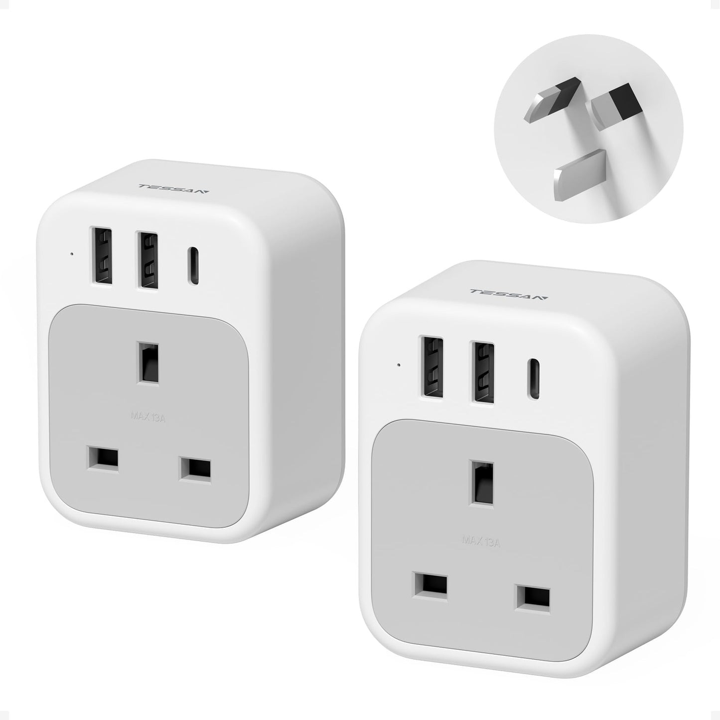UK to Australia Plug Adapter 2 Pack, TESSAN Australian Plug Adaptor from UK with USB C and 2 USB A, 4 in 1 Australia Travel Adapter, New Zealand
