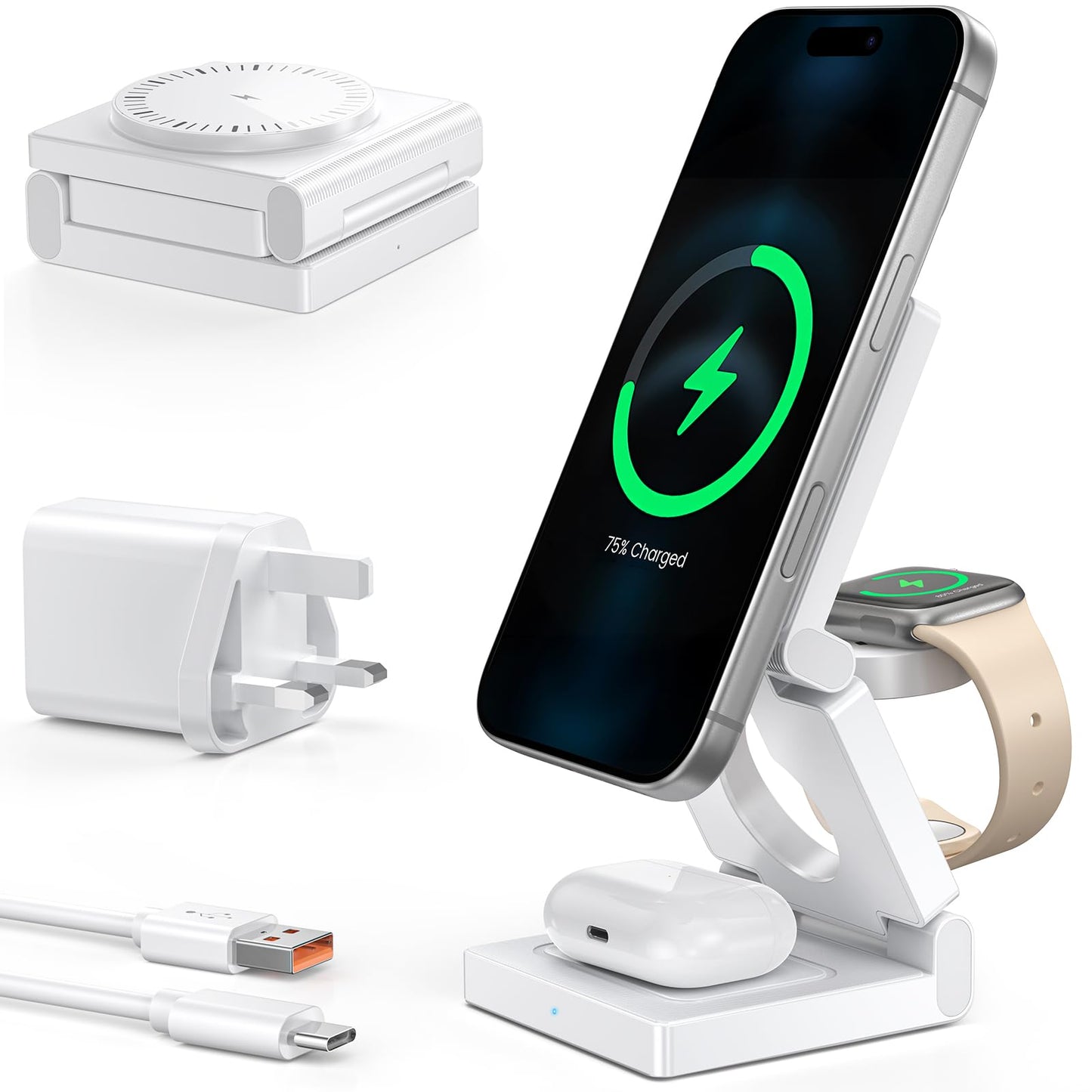 3 in 1 Wireless Charging Station for Apple Multple Devices - Foldable Magnetic Wireless Charger dock -Travel 18W charger stand for iPhone