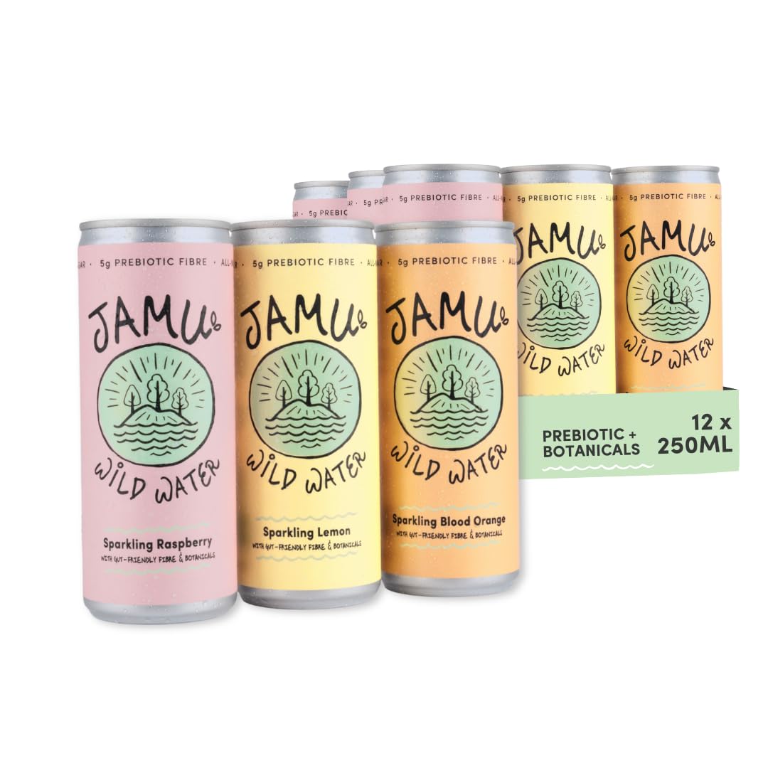 Jamu Wild Water - Pack of 12 - Naturally Flavoured Prebiotic Sparkling Water with Vitamins, Botanicals, and Minerals - 5g Prebiotic Fibre - < 20 Kcals