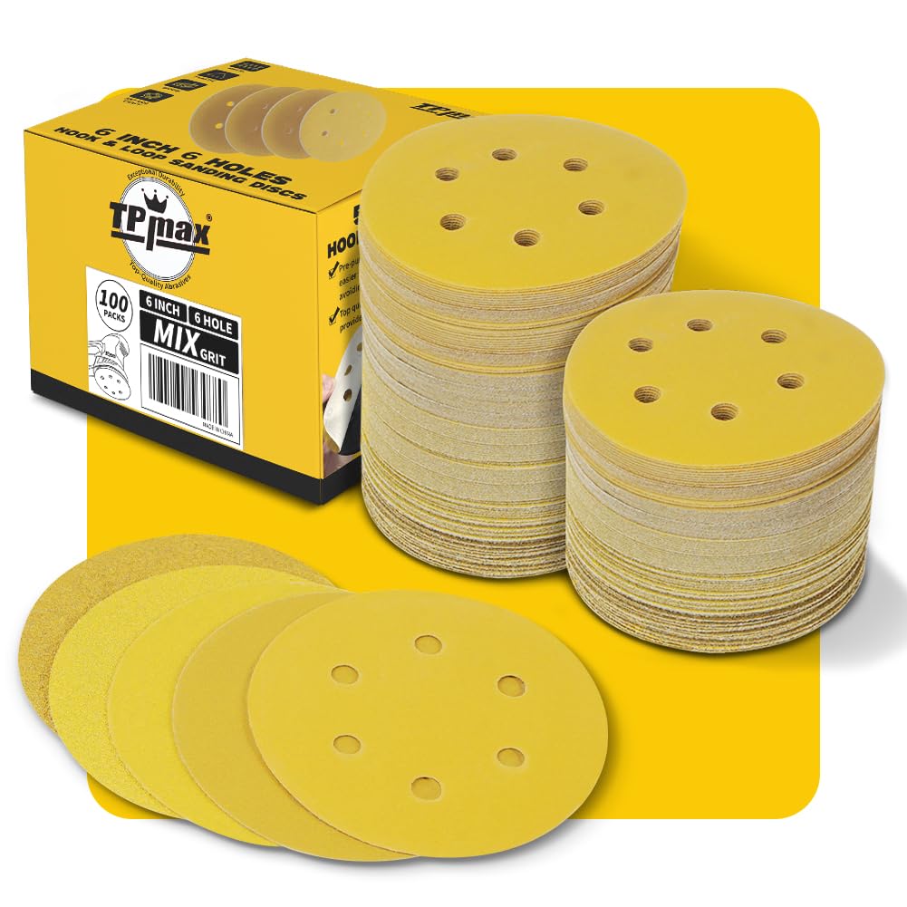 100PCS 150mm 6 inch 6 Hole Sanding Discs Sandpaper Mixed Grits - Premium Gold Round Hook and Loop for Random Orbital Sander (60, 80, 120, 220, 320