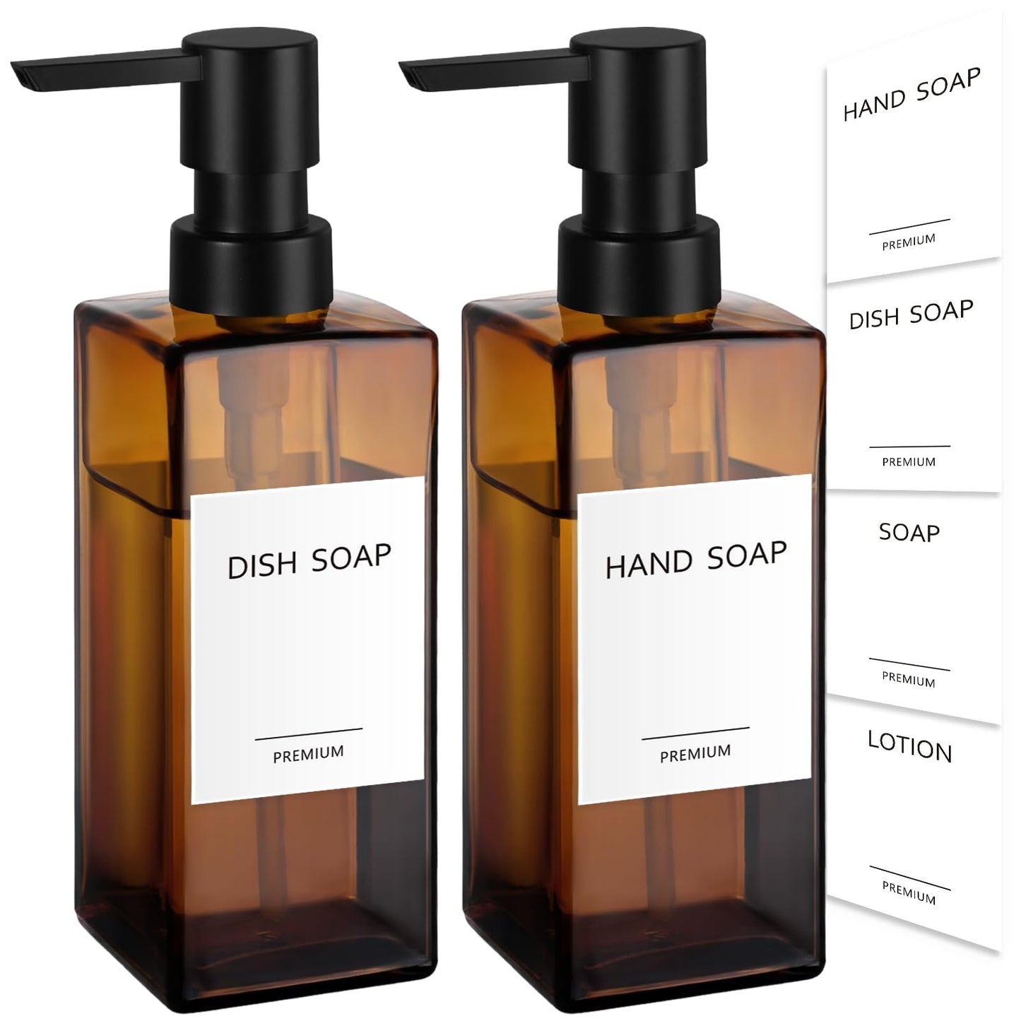 GMISUN Hand Soap Dispenser, 2 Pcs Amber Glass Soap Dispensers for Bathroom, 12 Fl oz Dish Soap Dispenser Set for Kitchen, Refillable Washing up Liquid