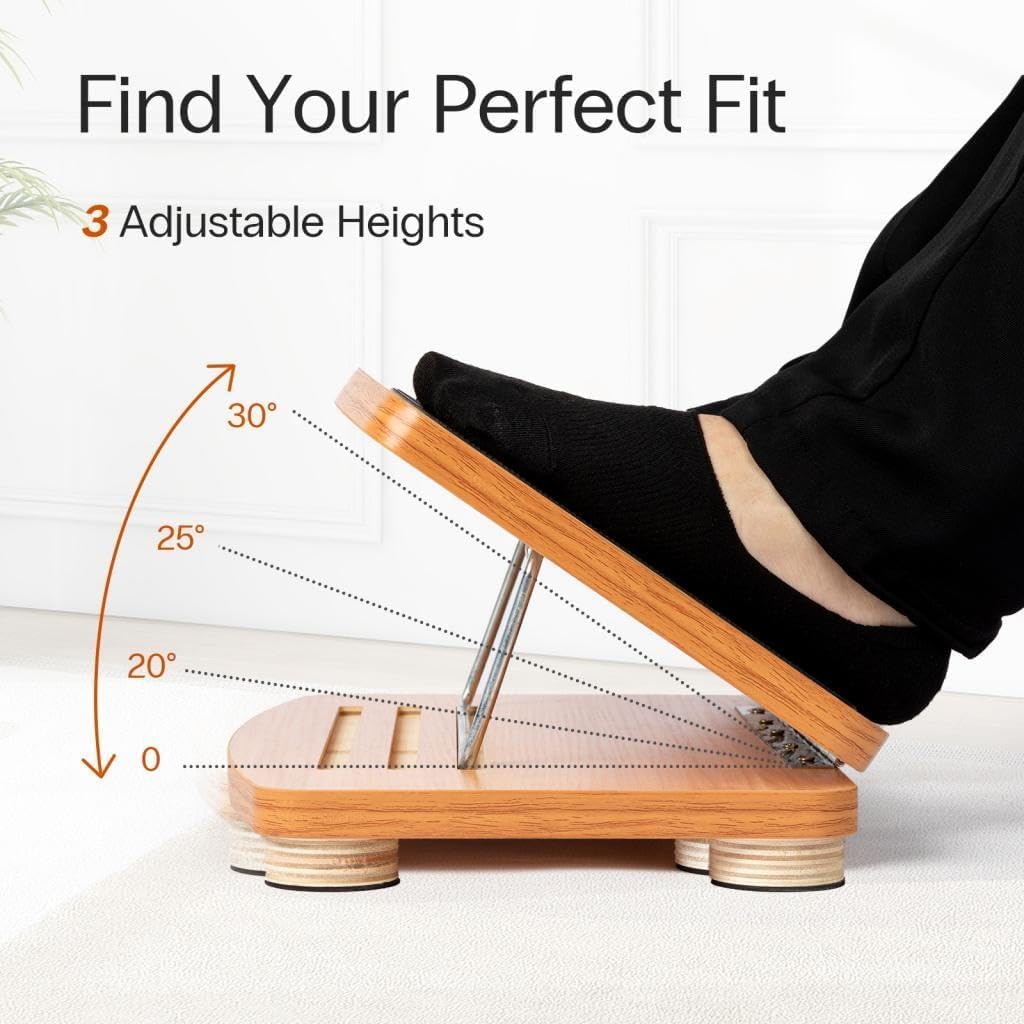 StrongTek Height Adjustable Footstool Ergonomic Wood Footrest Office
