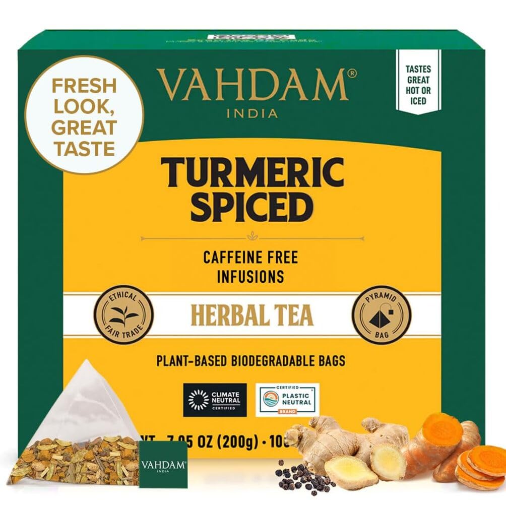 VAHDAM Turmeric Spice Herbal Tea - 100 Pyramid Tea Bags, Caffeine Free, Non GMO, Gluten Free, 100% Pure Herbal Tisane - Savory & Spicy, Whole