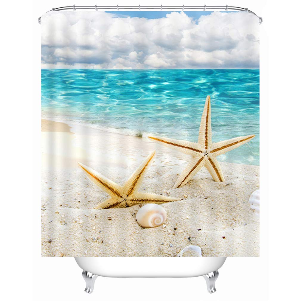 X-Labor Beach Motif Shower Curtain Waterproof Fabric Anti-Mould Includes 12 Shower Curtain Rings Washable Bath Curtain 180 x 200 cm Pattern B
