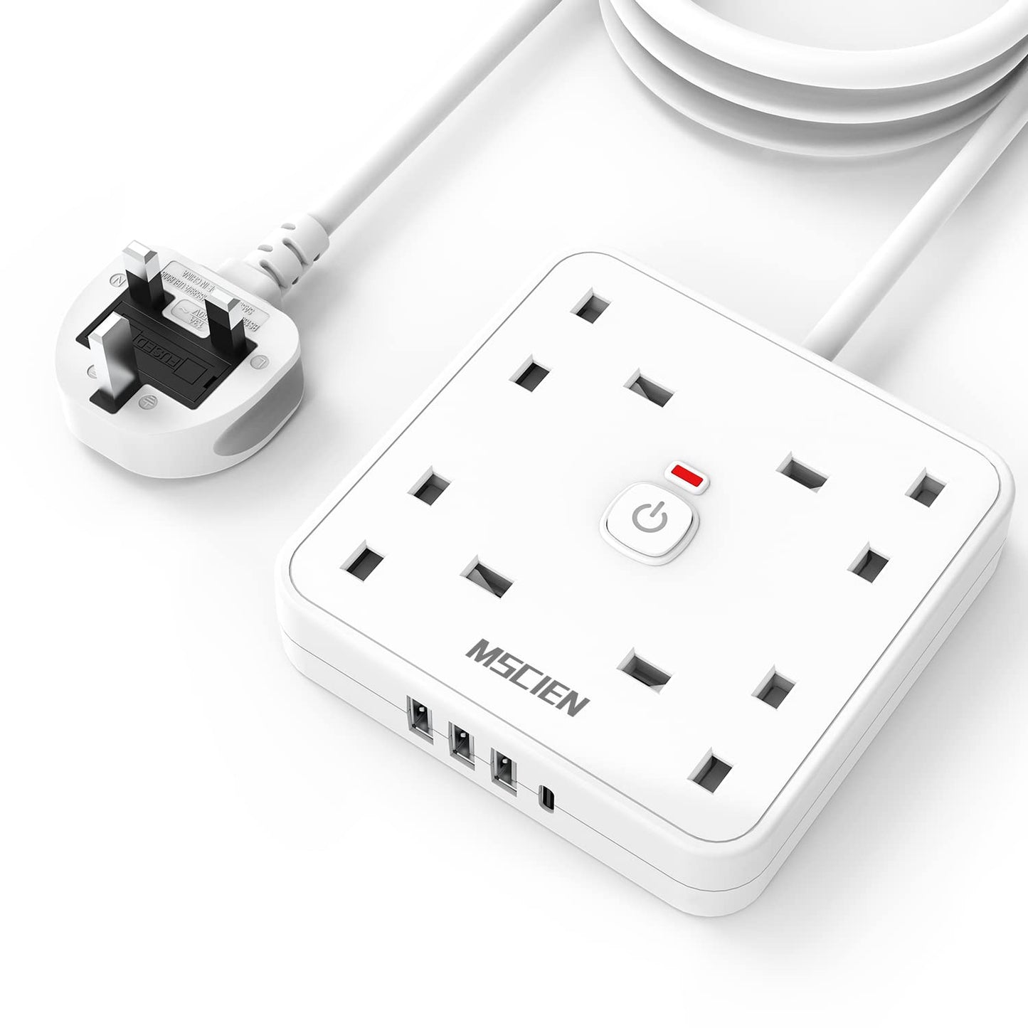 3M 4 Way Extension Lead with 4 USB Slots (1 USB-C + 3 USB-A), Mscien White Wall-Mounted Extension Socket with Switch and LED Indicator for Living