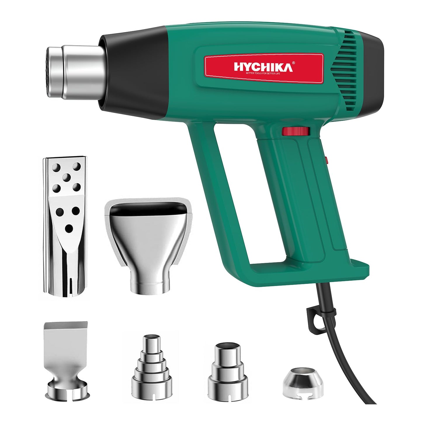 HYCHIKA Professional Heat Gun, 60?- 600? Stepless Variable Temp, 1800W Pure Copper Motor, 1.5S Fast Heating, Overload Protection, 6 Nozzles for Paint