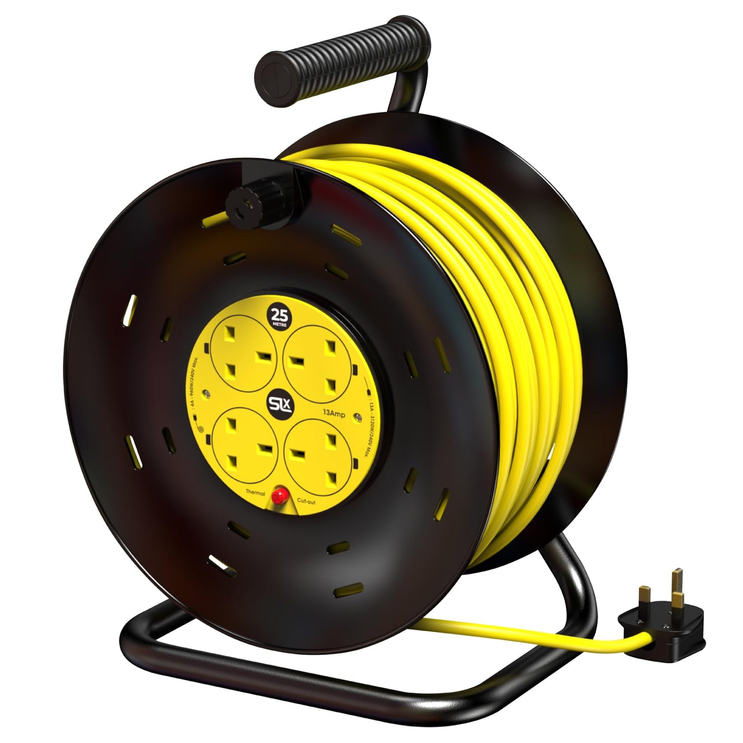 Extension Lead 25m Heavy Duty Cable Reel, 4 Socket Cord Reel UK Plug Socket with Thermal Cut-Out Protection 13A Fused Plug