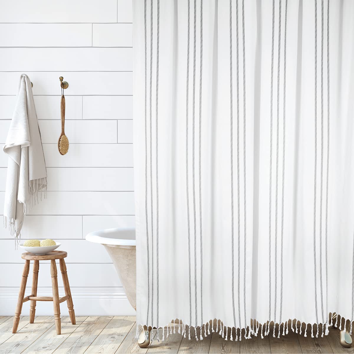 HALL & PERRY Vertical Stripe Shower Curtain 100% Cotton Striped Fabric Shower Curtain Bathroom Decor, 72x72 (Black and White)