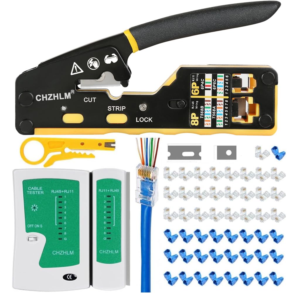 RJ45 Crimp Tool Kit Pass Through Crimper Ethernet Crimping kit Stripper Cutter Crimper All-in-One for 8P RJ45 Cat5 Cat6 6P RJ11/12 Telephone