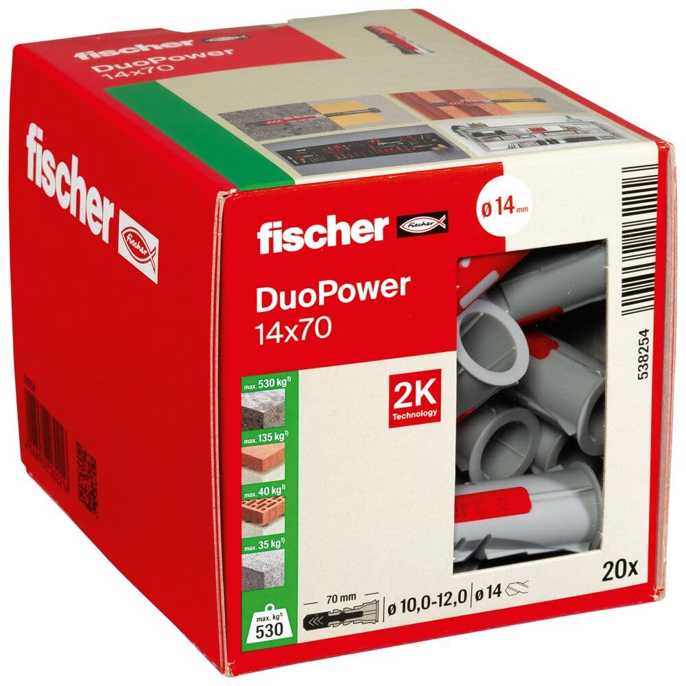 fischer DuoPower 14 x 70, powerful universal plug with intelligent 2-component technology for fastenings in concrete, bricks, gypsum plasterboard,
