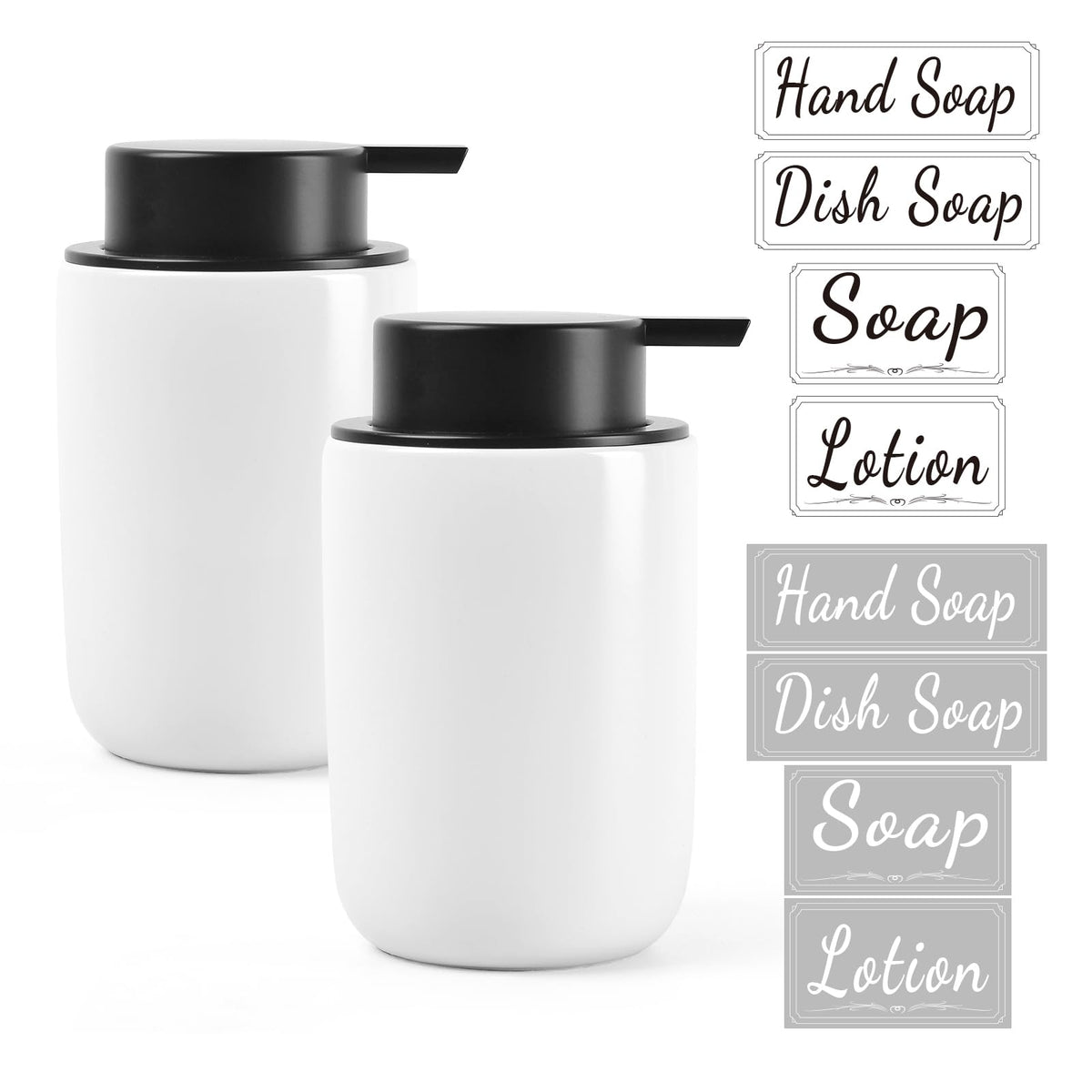 BosilunLife Hand Soap Dispenser for Bathroom Decro 12oz Ceramic Kitchen Dish Dispenser (Lotion Pump, 2PCS White)