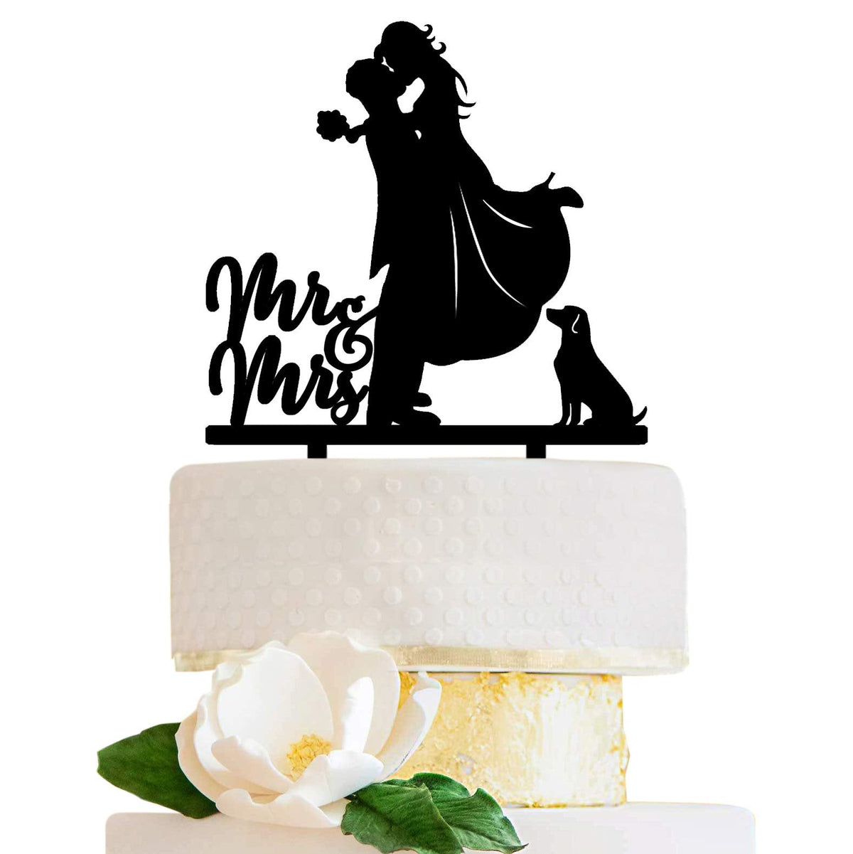 LOVENJOY Wedding Cake Topper with A Dog Black Bride and Groom Couple Kissing Cake Decoration, Gift-boxed