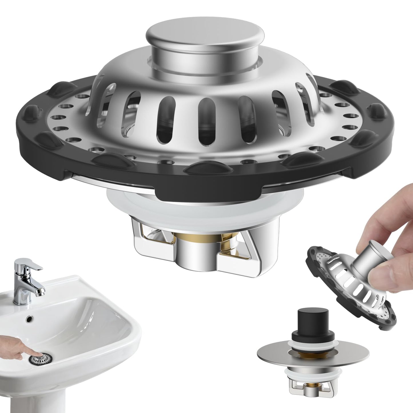 Hibbent Upgraded 3 in 1 Bathroom Sink Plug, Stainless Steel Basin Plug for Hole of 1.1''-2.36'' (28-60mm), Pop Up Stopper with Removable Filter Basket
