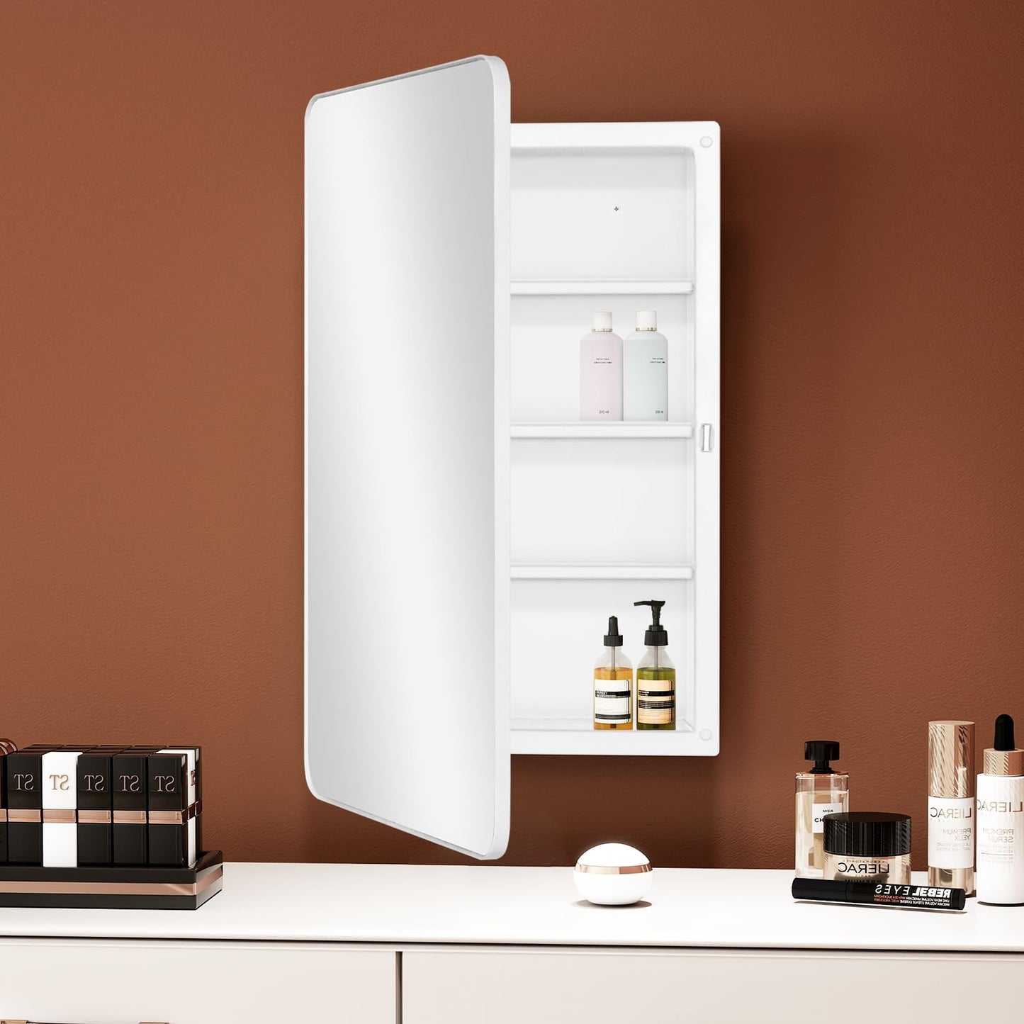 Fundin Plastic Mirror Cabinet with Round Corner Framed Door, Recessed and Surface Mount,White,40 x 71 cm