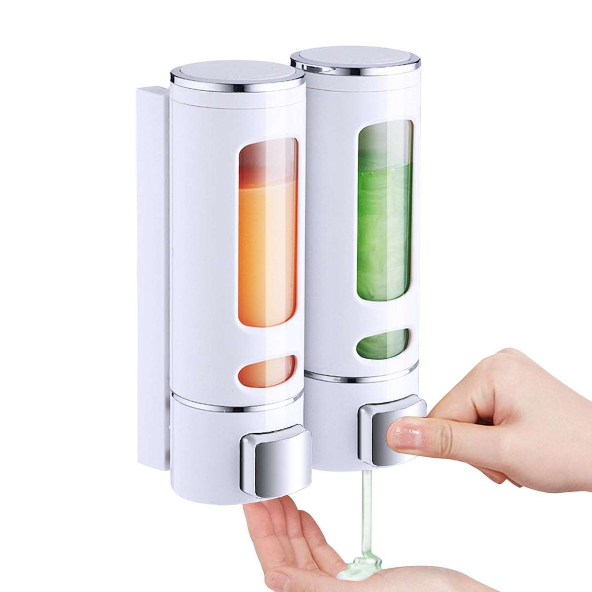 White Soap Dispenser Wall-Mounted, 2 Chamber No-Drill Installation for Liquid Lotion, Shower Gel, Shampoo, Conditioner & Dish Detergent, 400ml Large