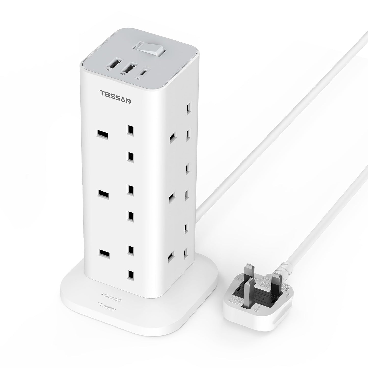 Tower Extension Lead with USB C Slots, TESSAN 12 Way Multi Plug Adaptor with Switch, Surge Protected Power Strip with 2M Cable (13A 3250W) for Home,