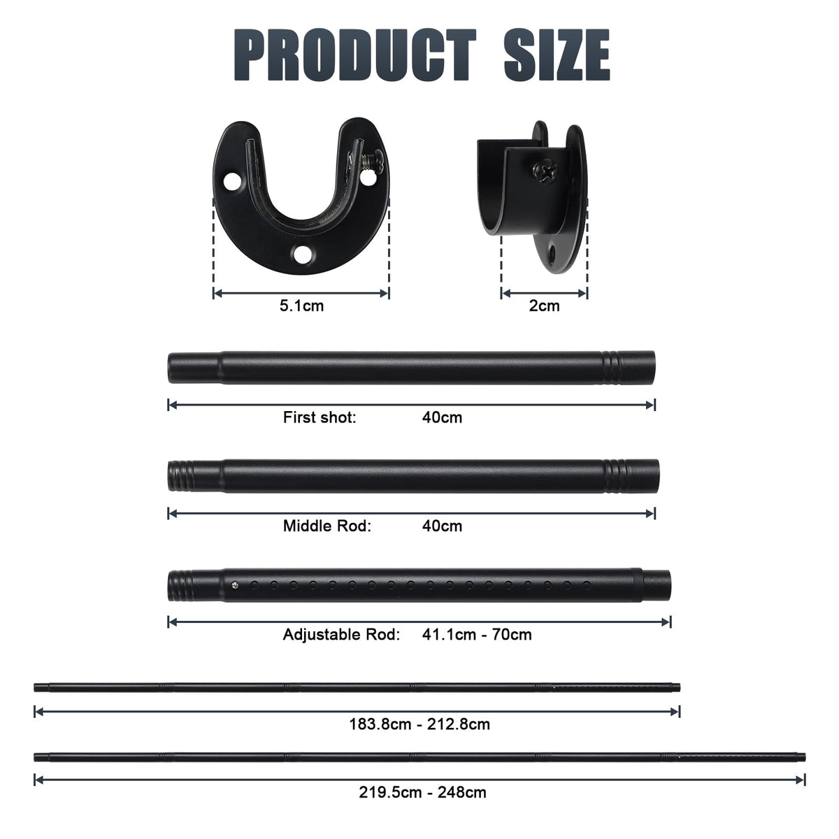 Closet Rods for Hanging Clothes, 40 to 212cm Adjustable Metal Closet Rod, Heavy Duty Extendable Wardrobe Rod