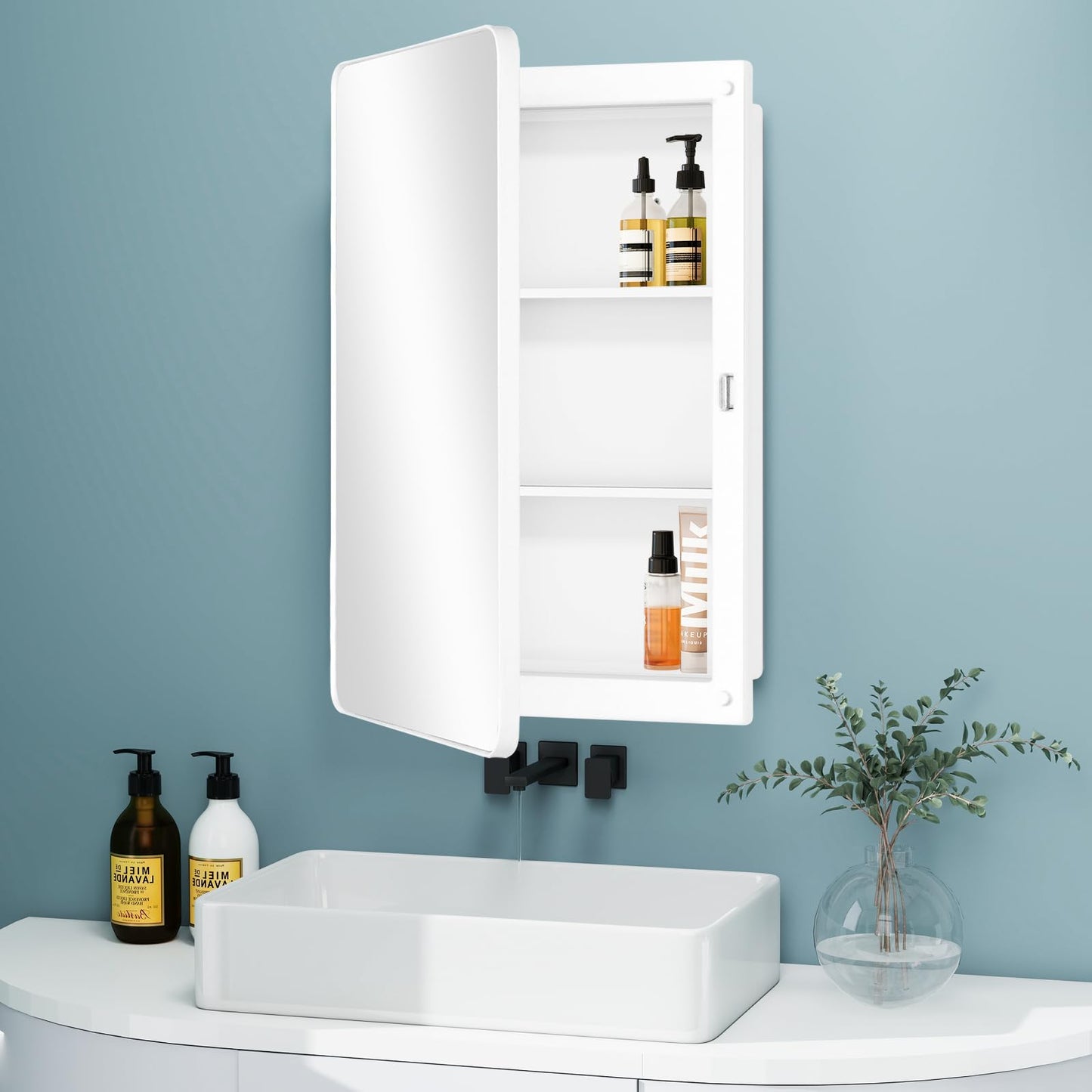 Fundin Plastic Mirror Cabinet with Round Corner Framed Door, Recessed and Surface Mount,White,40 x 56 cm