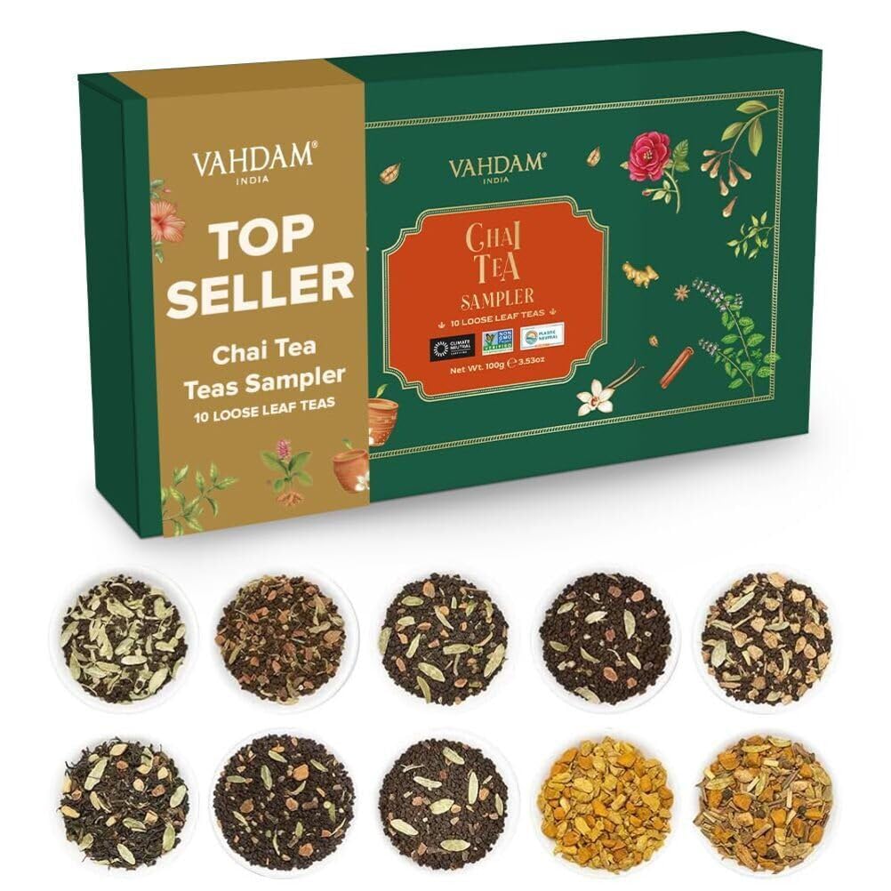 VAHDAM, Assorted Chai Teas Loose Leaf Tea Gift Set (10 Flavor, 50+ Servings) Valentines Day Gifts for Him & Her | Indian Exotic Chai Tea Blends |
