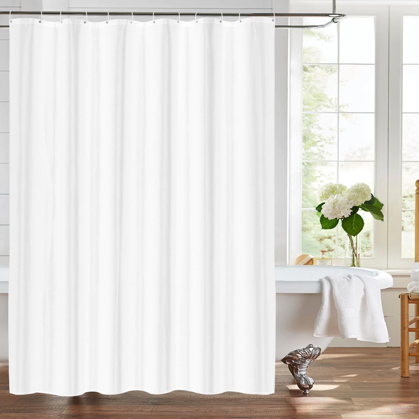LUKDUNG Polyester Shower Curtain, 180 x 200 cm, White, Anti-Mould, Waterproof, Washable, Includes 12 Hooks