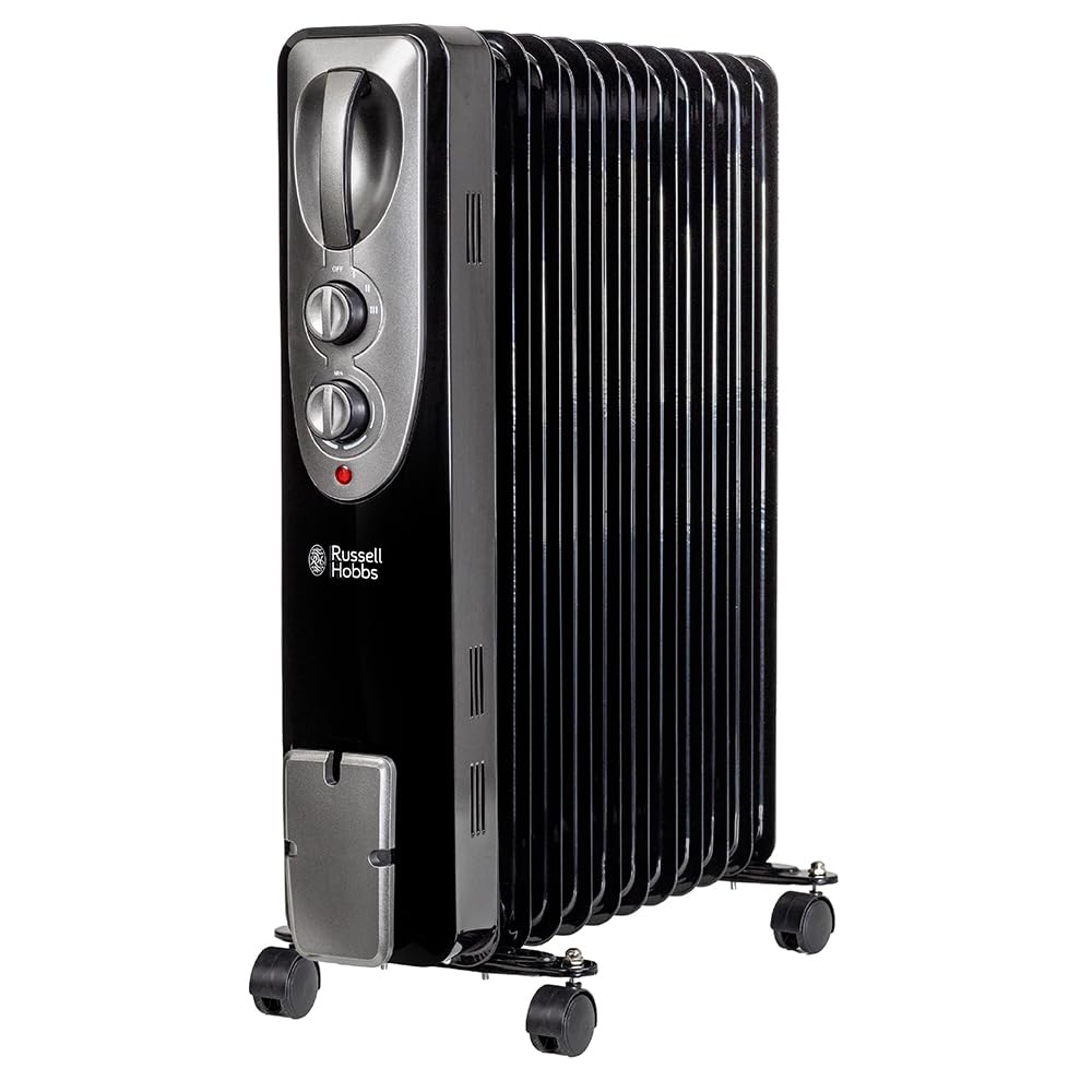 Russell Hobbs 2500W/2.5kW Oil Filled Radiator, 11 Fin Portable Electric Heater - Black, Adjustable Thermostat with 3 Heat Settings, Overheat