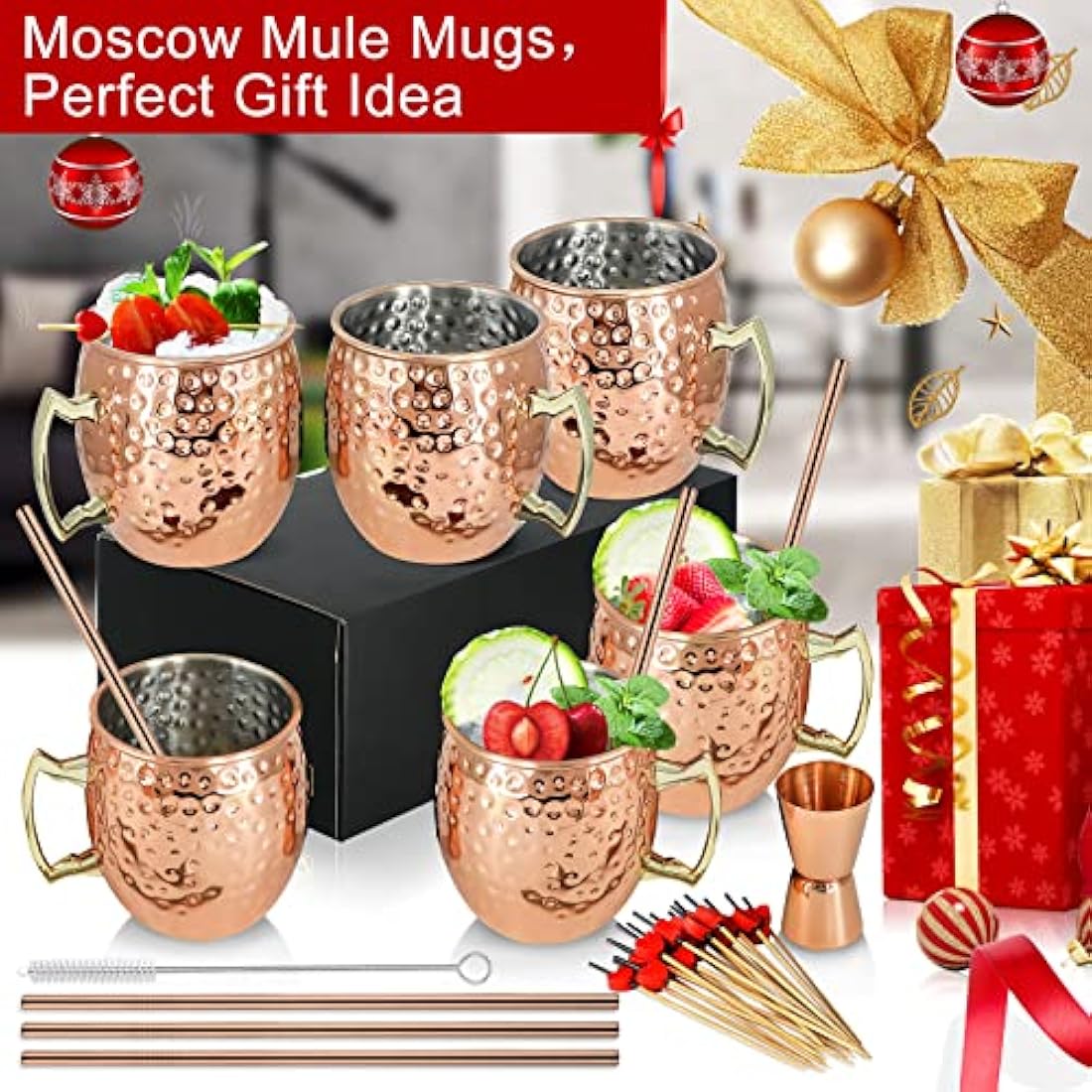 Moscow Mule Copper Mug for Cocktails 18oz/540ml Set of 6 Copper Plated Stainless Steel Moscow Mule Cups with Handle Handmade Gift Set for Chilled Cocktails Cold Drinks Beer Coffee Water (6 Packs)