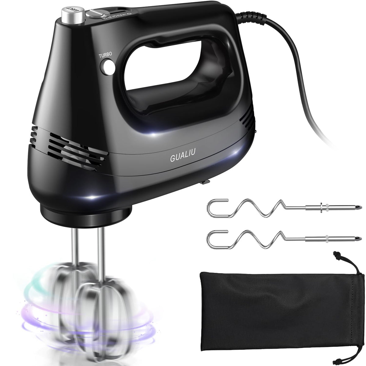 GUALIU Electric Hand Mixer with 304 Stainless Steel Whisk, Dough Hook, Handheld Mixer for Baking Cakes, Eggs, Cream Food Mixers. Turbo Boost/5 Speed