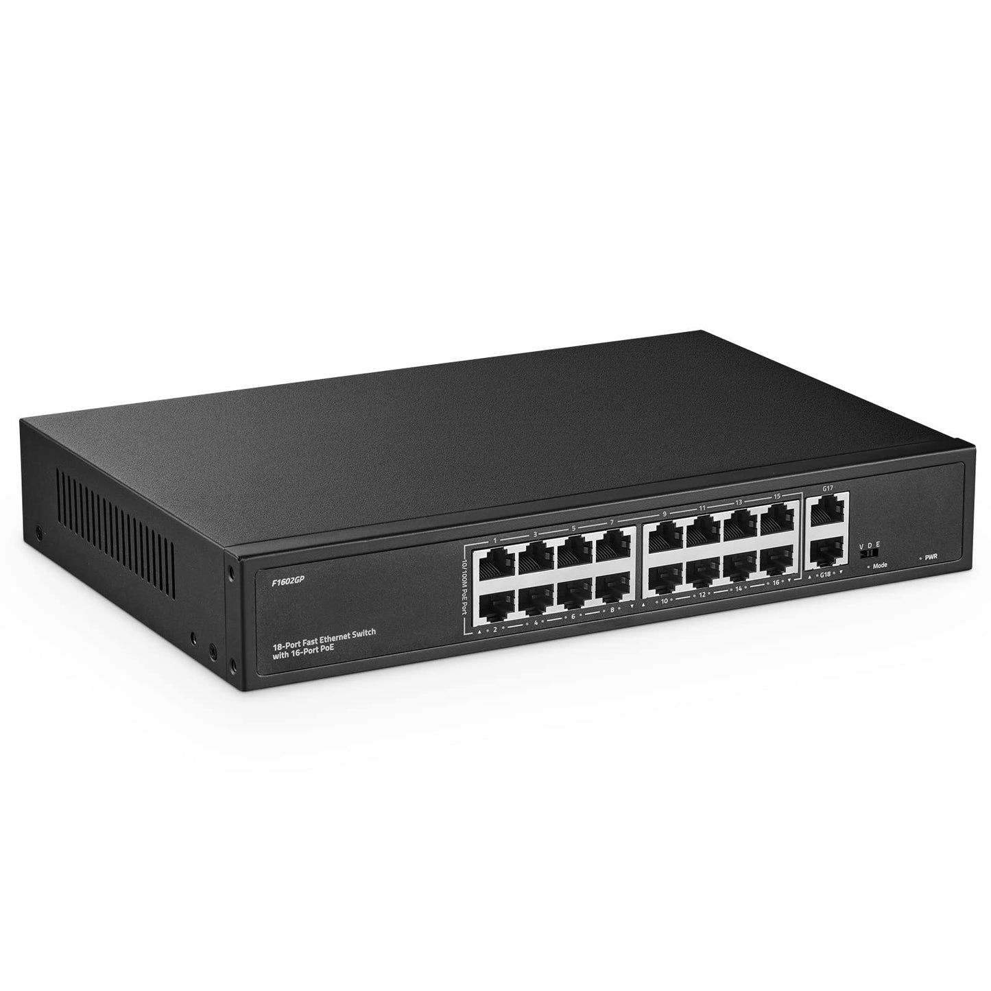 16 Port PoE Switch, 10/100Mbps PoE+ Ports, 2 Gigabit Ethernet Uplink, IEEE802.3af/at, Max 200W, VLAN & PoE Extend 250m, RackMount Fanless Unmanaged