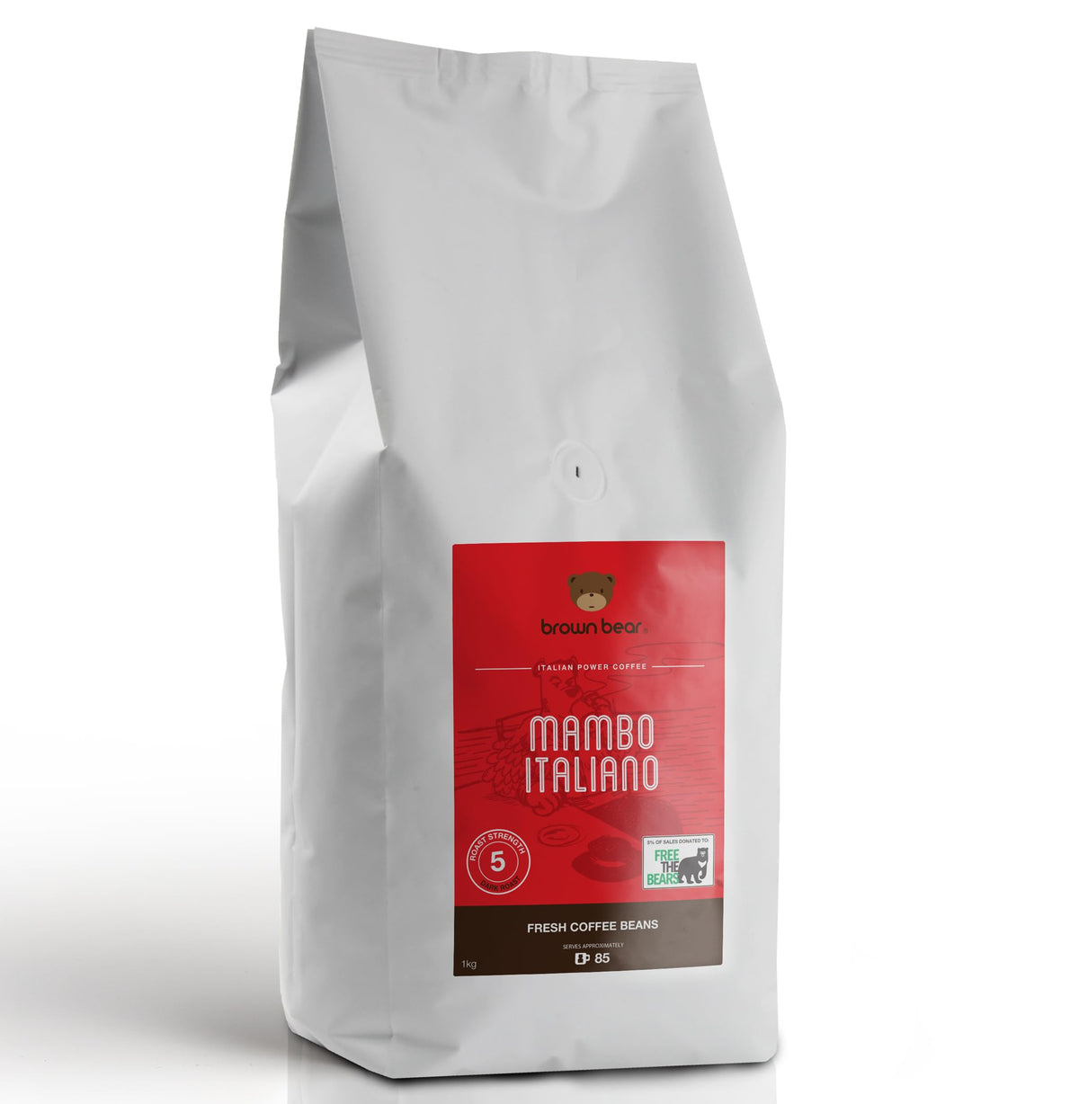 Dark Roast Crema Strong Espresso Coffee Beans 1kg - Brown Bear Mambo Italiano Blend - Strength 5 - For All Coffee Machines - Donation to Free The