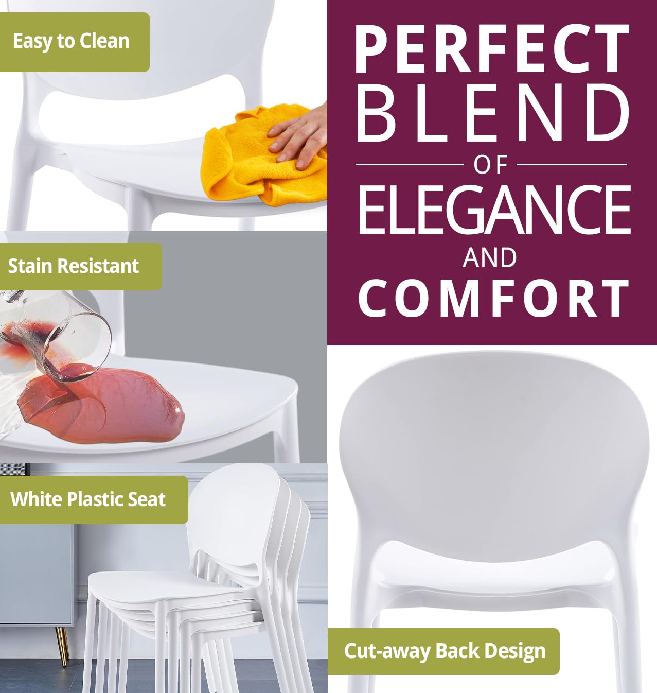 Hallowood Furniture Stoker Plastic Stackable Dining Chairs Set of 4, White