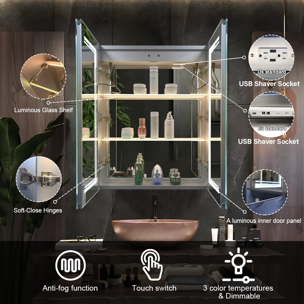 Janboe High-End Led Mirror Cabinet,Lighted Mirror Cabinet,3 Colors&Dimmable,Demister,Lighted Glass Shelf,USB Shaver Socket,Surface Mount or Recess
