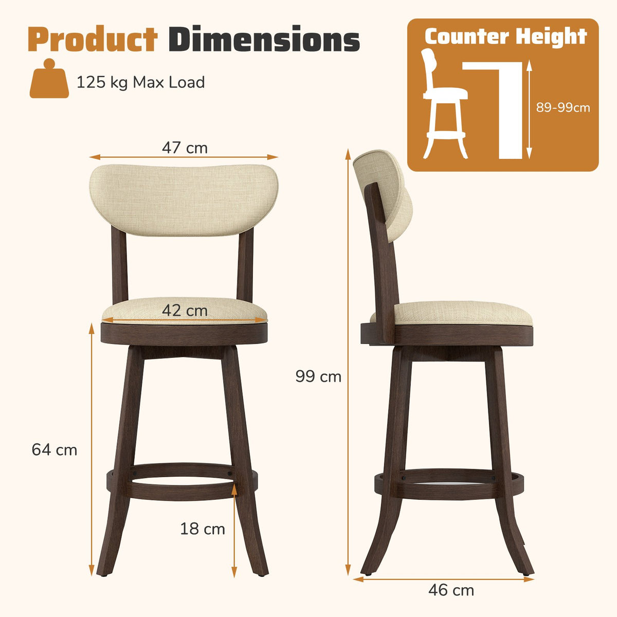 64/77CM Counter Height Chairs Set of 2 with Padded Seat and Backrest-Brown-Size 2