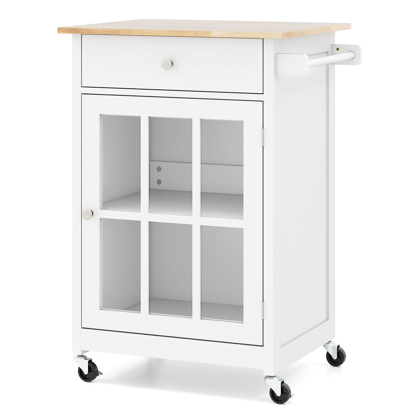 65 CM Kitchen Island Cart Rolling Kitchen Cabinet with Rubber Wood Tabletop-White