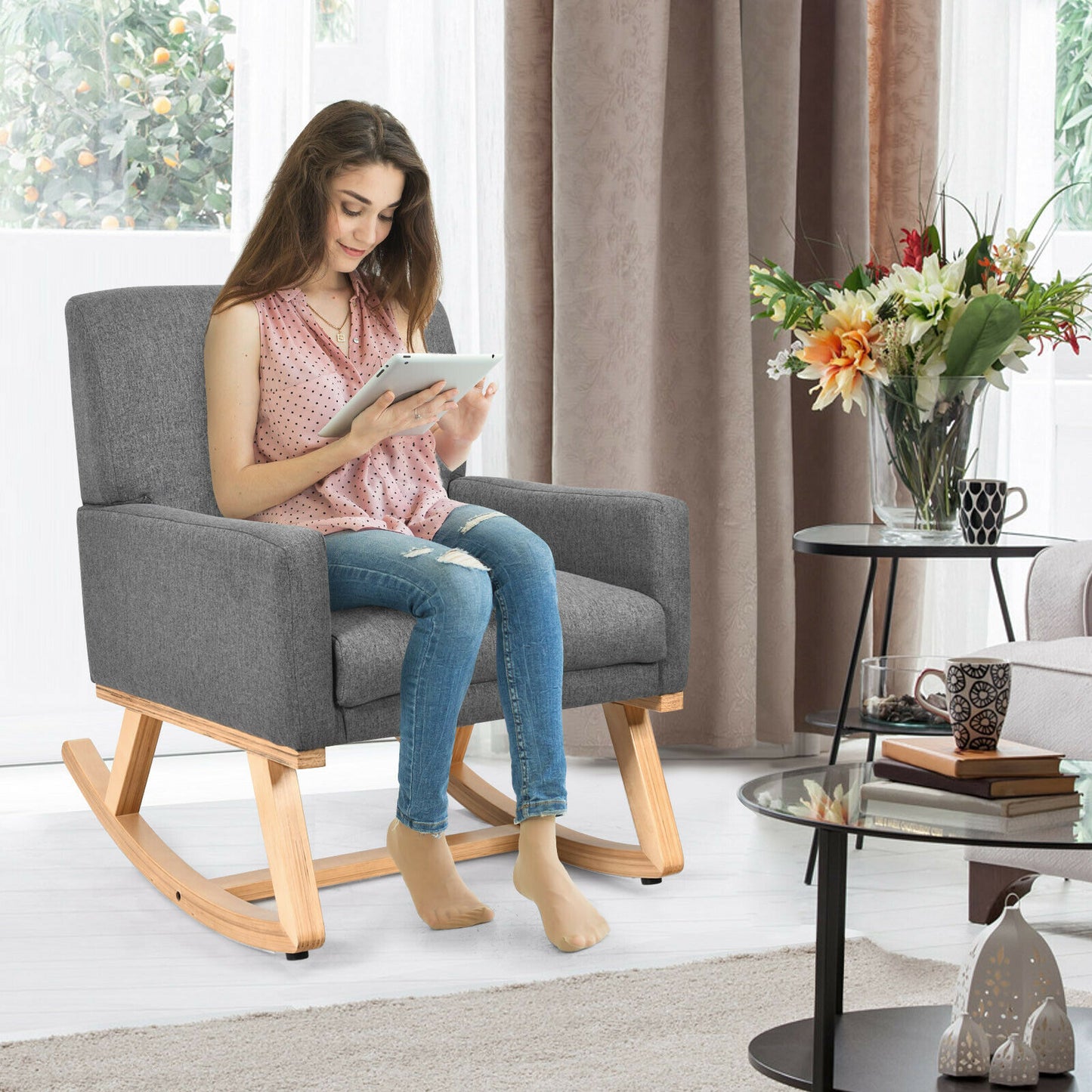 Fabric Upholstered Recliner Rocking Chair Armchair Lounge Sofa Seat Relax Rocker-Beige
