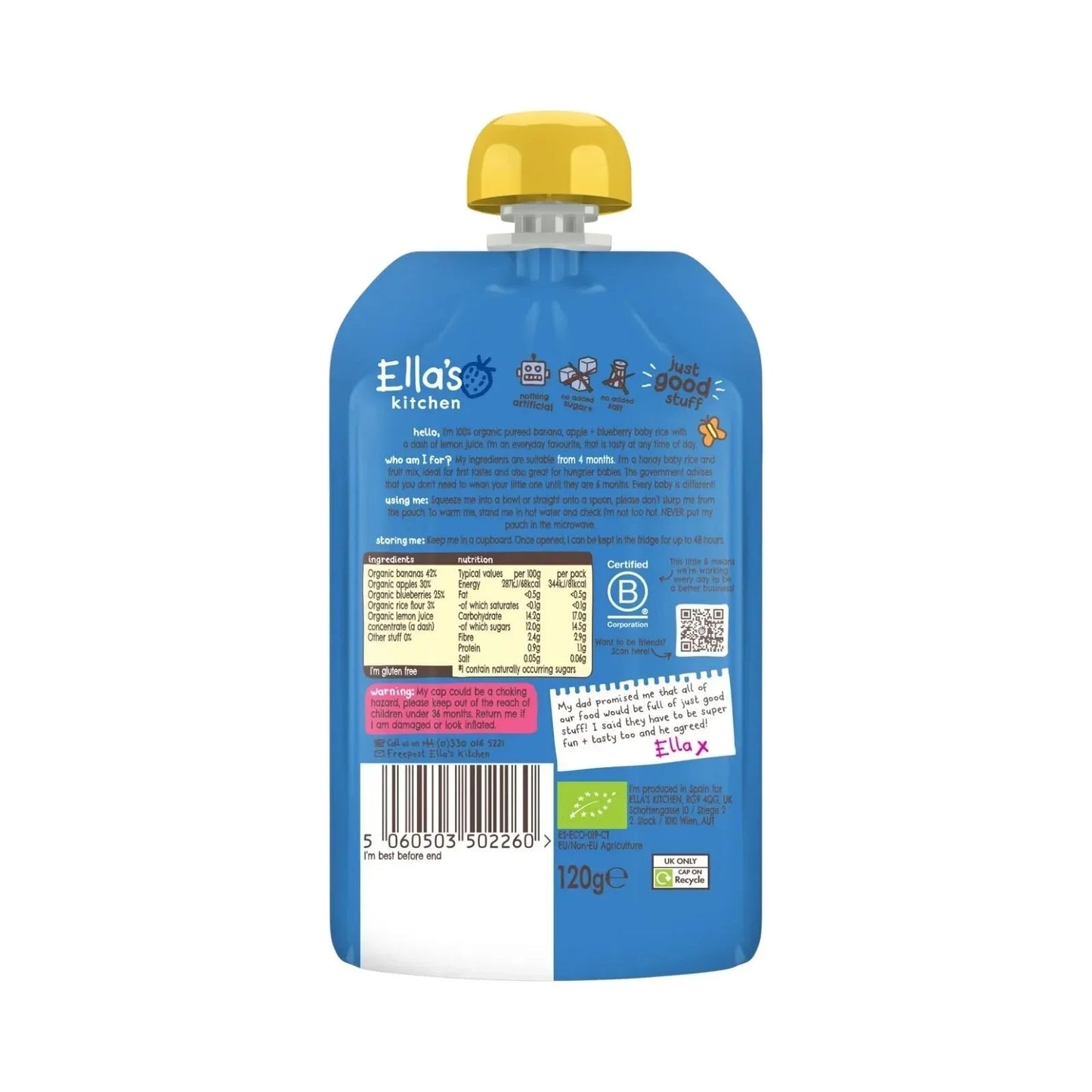 Ella's Kitchen Organic Banana & Blueberries Baby Rice Pouch 4+ months 120g