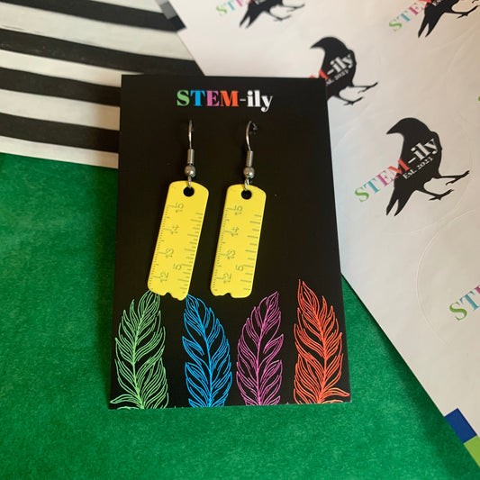 Quirky colourful miniature ruler stationary silver earrings on hypoallergenic surgical steel hooks.