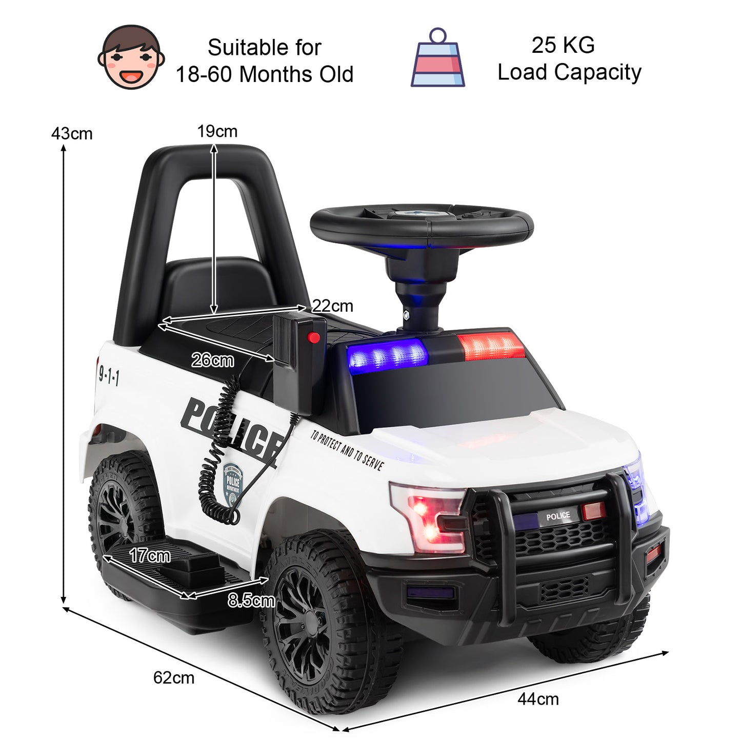 6V Kids Ride On Police Car with Side Megaphone-Black