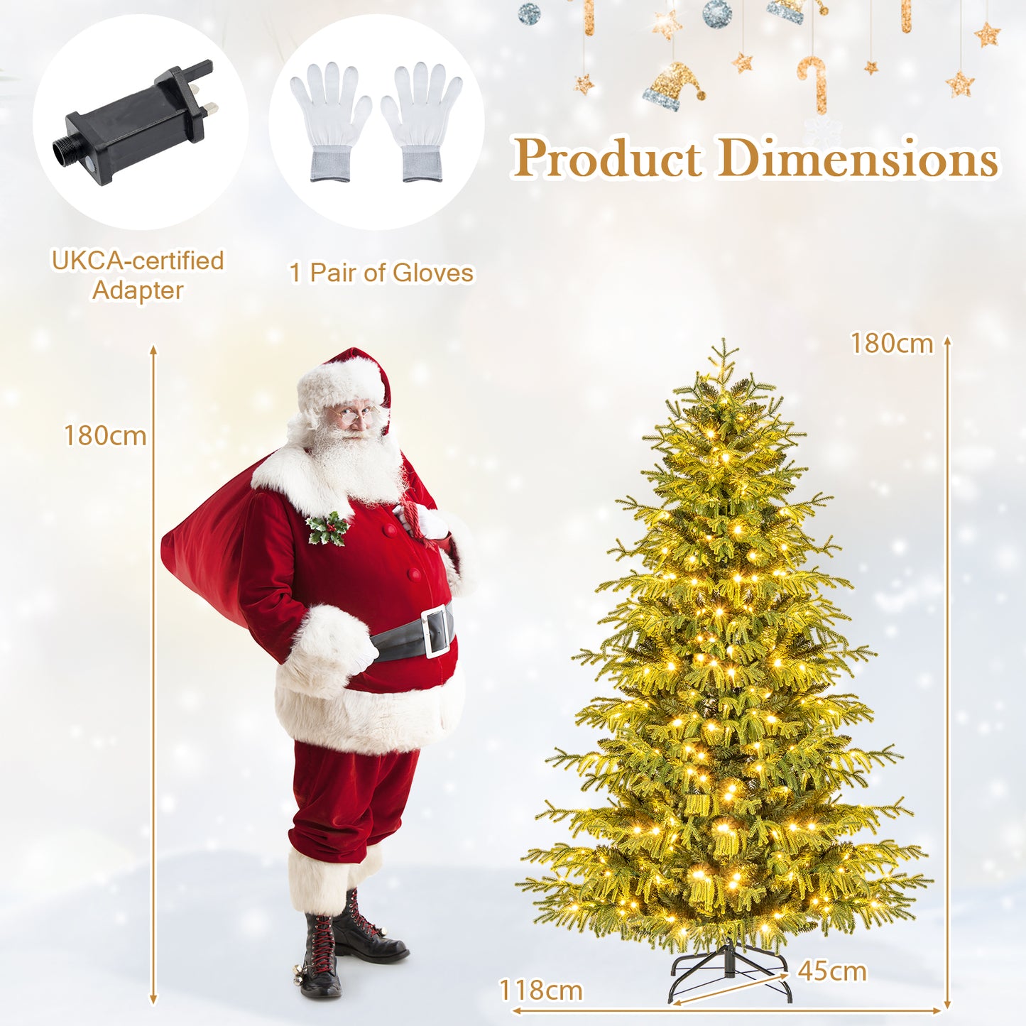 Artificial Christmas Tree Pre-lit Hinged Xmas Tree with LED Lights Seasonal Decoration Tree-6FT
