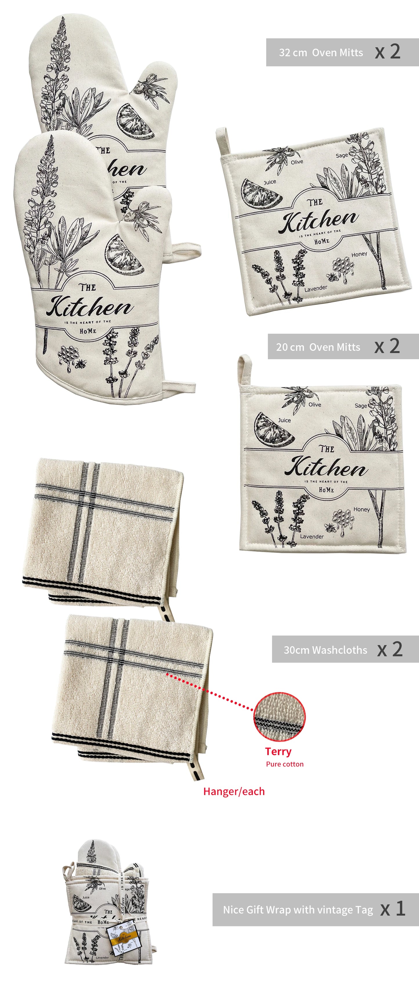 GREVY Cotton Oven Mitt Set - Safe Handling & Vintage Style Kitchen Accessory