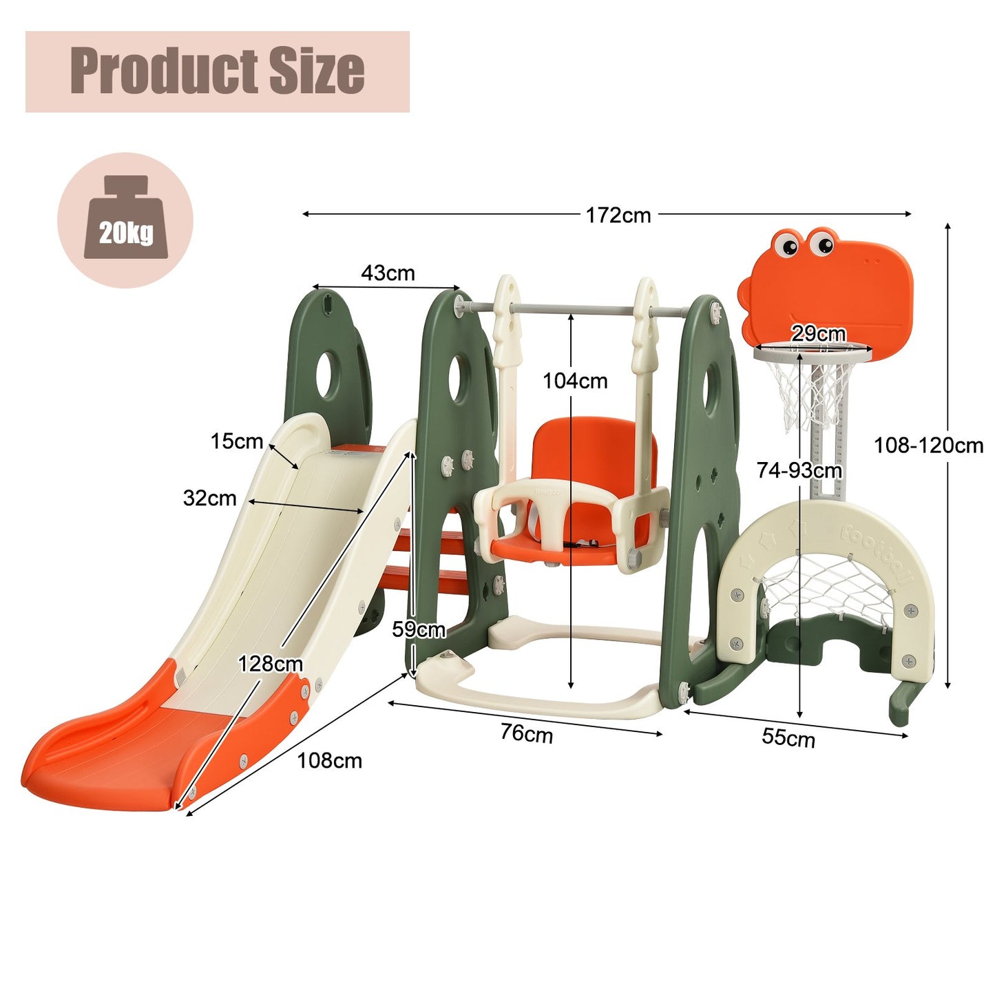 6 in 1 Toddler Slide and Swing Set with Adjustable Basketball Hoop for Indoor-Grey