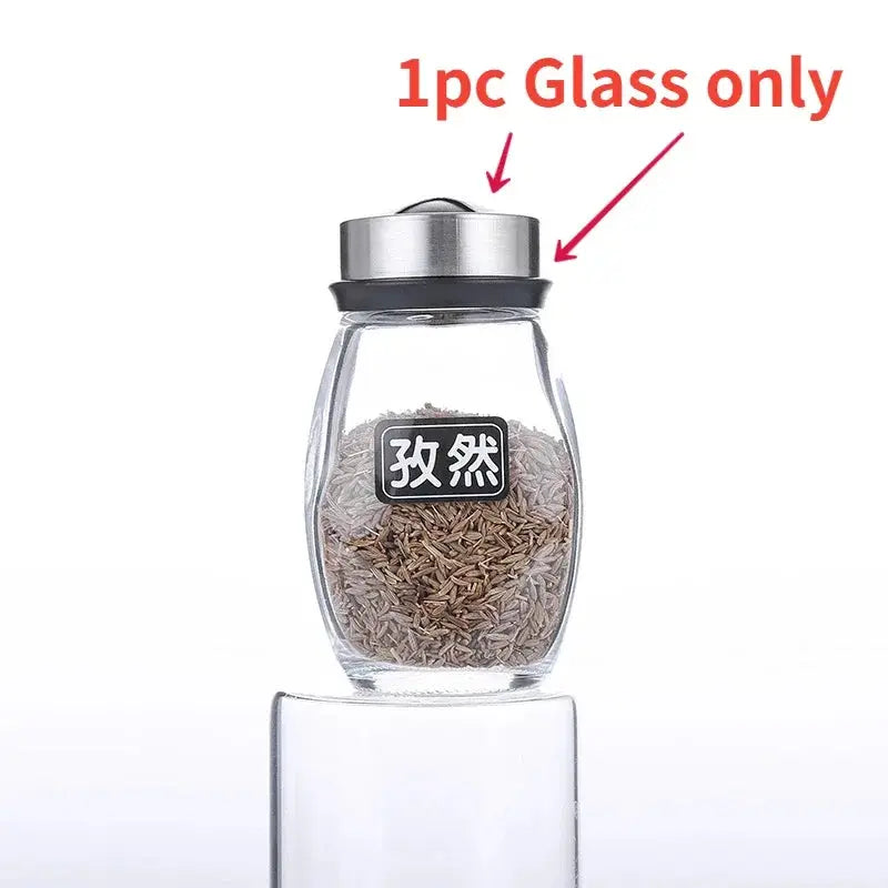 7-Piece Spice Jar Set with Rotating Rack. Glass Seasoning & Salt Shakers Storage