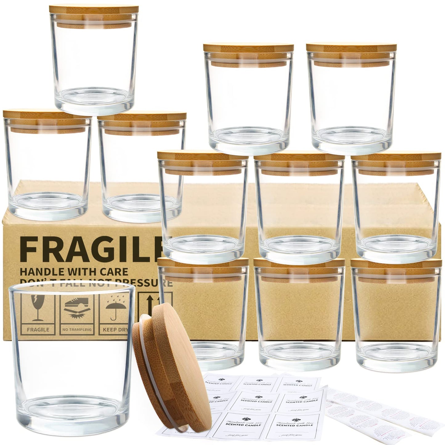 CONNOO 12Pack 10 OZ Clear Glass Candle Jars with Bamboo Lids for Making Candles, Large Size Empty Candle Tins with Wooden Lids, Bulk Clean Candle