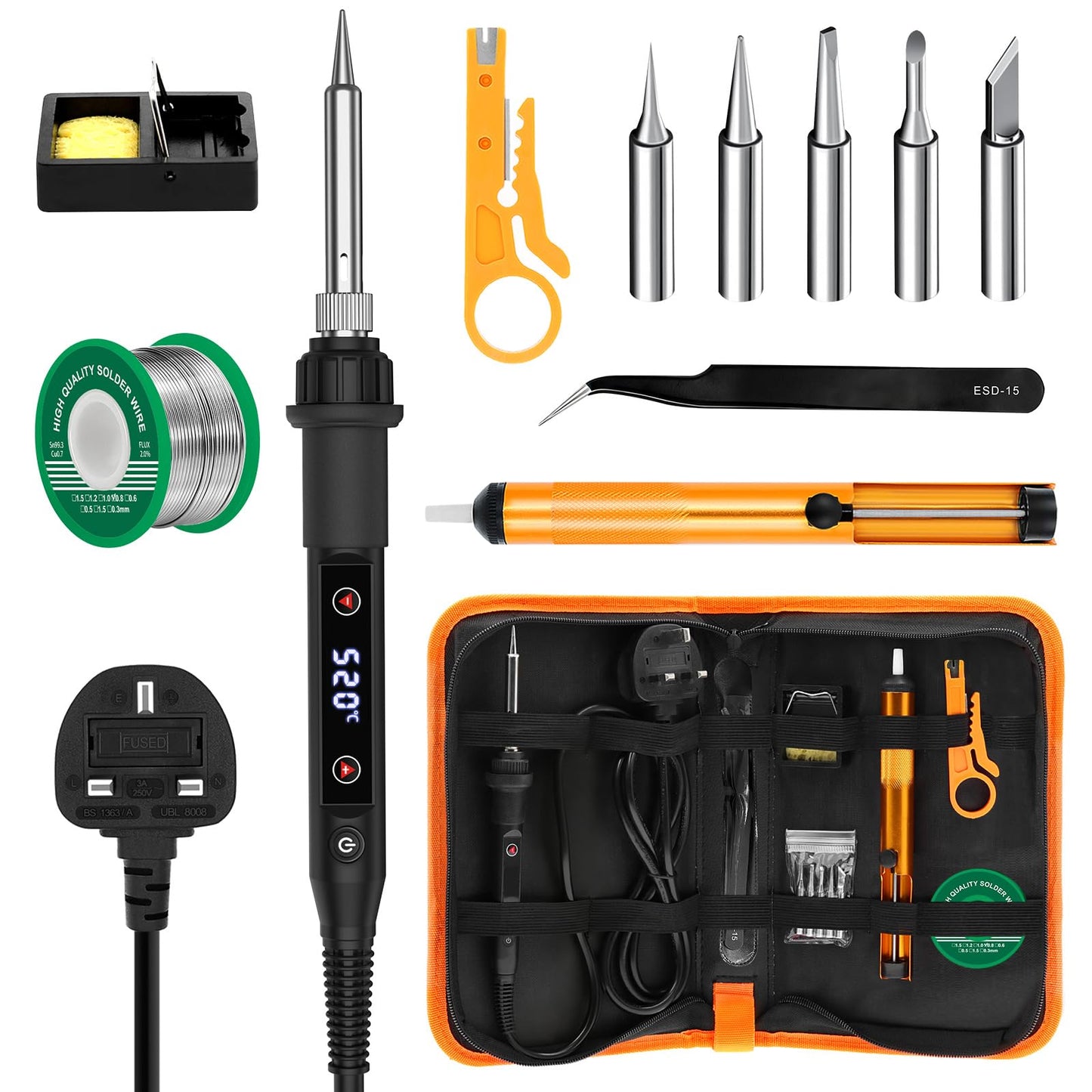 Soldering Iron Kit 80W LED Adjustable Temperature 180-520? Welding Tools, Solder Wire, 5 Soldering Tips, Desoldering Pump, Wire Stripper Cutter,