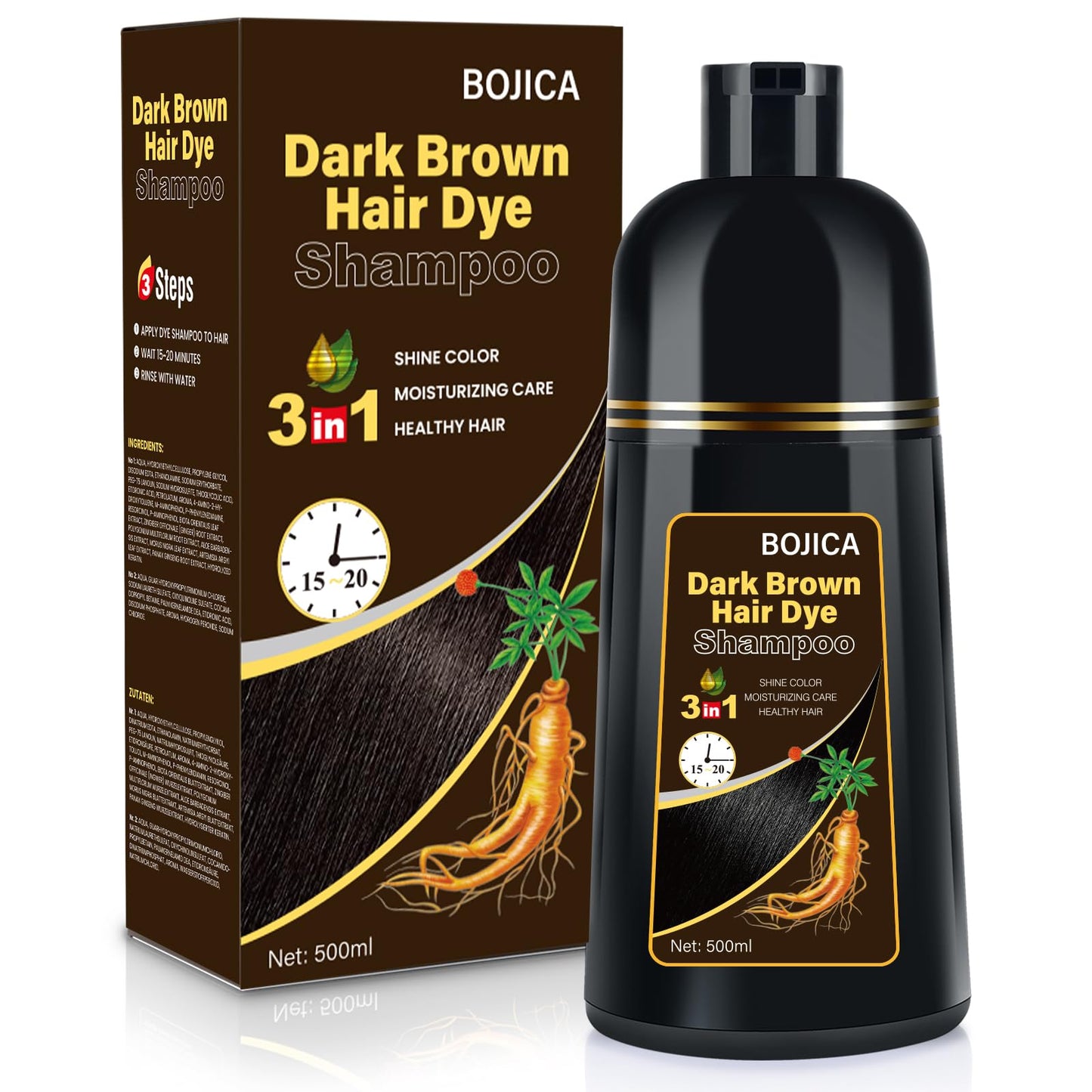 BOJICA Dark Brown Hair Dye Shampoo for 100% Grey Hair Coverage, 3 in 1 Color Shampoo Herbal Ingredients Semi-Permanent for Women & Men - 500 ML