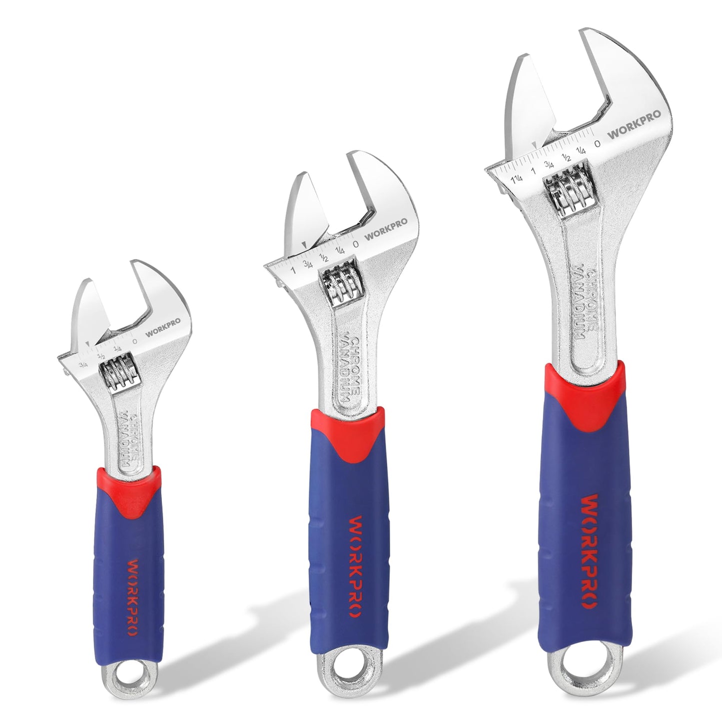 WORKPRO Adjustable Spanner Set 3-Piece, Metric and SAE Wrench Spanner, 6-inch(150mm), 8-inch (200mm),10-inch(250mm), Adjustable Spanner Wide Jaw, Soft