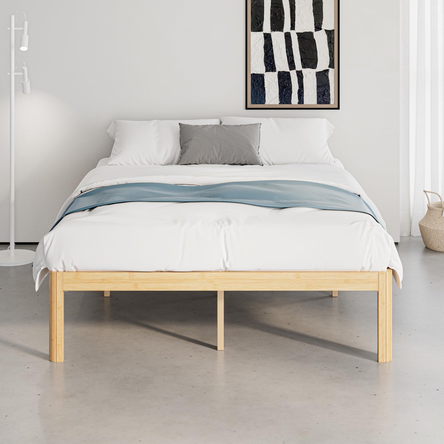 QFtime Bamboo Wood Double Bed Frame, Platform Bed Frame Double with Metal Slats Support, Easy to Install, Noise Free, Sturdy, 44 cm High