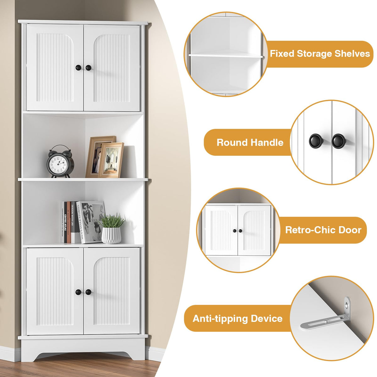 Yvsevnr 173cm Tall Corner Storage Cabinet Wooden 6-Tier Corner Shelf Unit 4 Wooden Doors and 6 Shelves Space Saving Freestanding Sideboard Corner