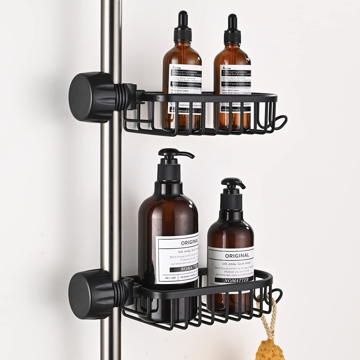 No Drill Shower Caddies, 2Pcs Aluminum Bathroom Organiser Tray, Soap Holder and Shampoo Storage Rack, Kitchen Sink Tidy Organiser for 18-25mm Rail,
