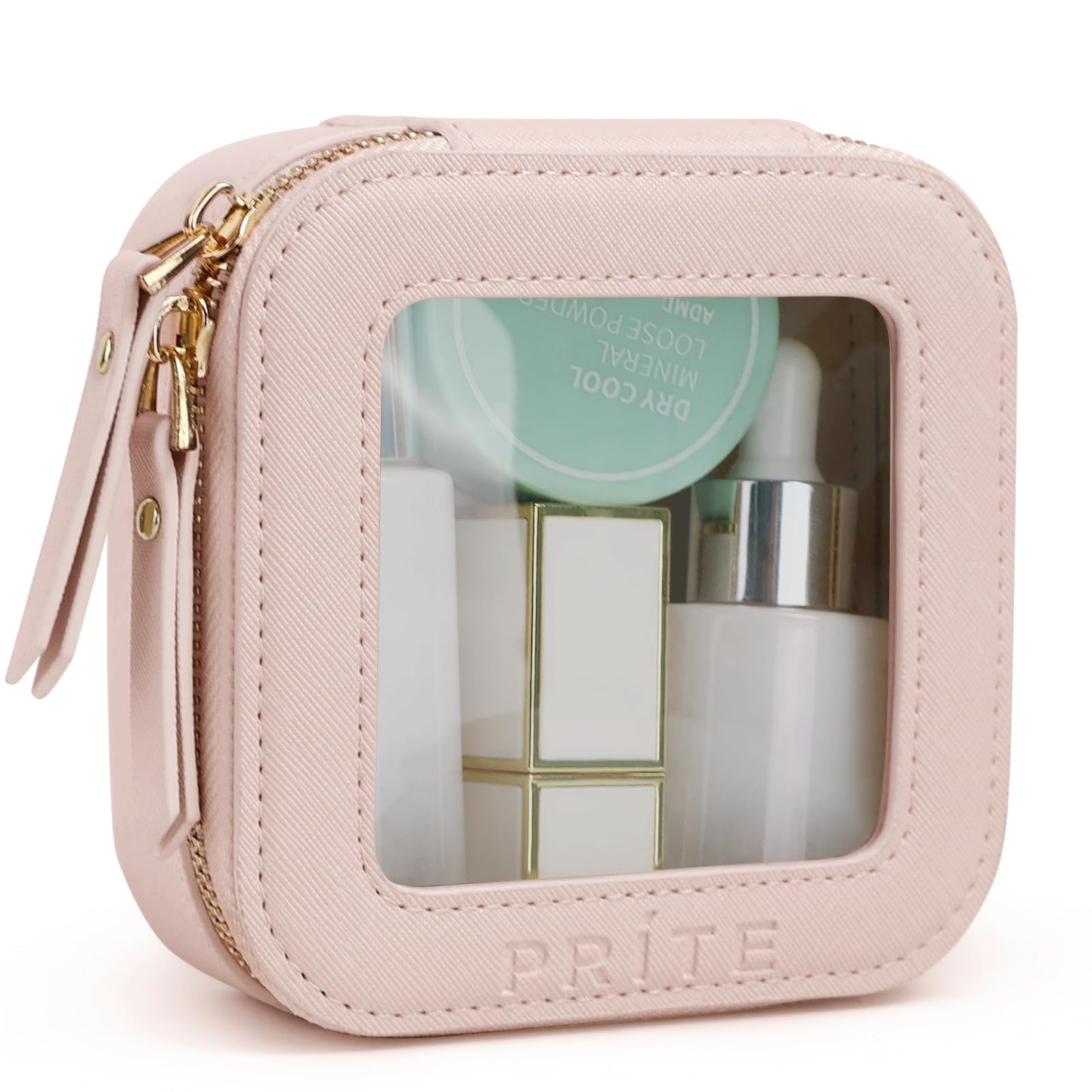 Prite Small Clear Makeup Bag with Gift Box Mini Cosmetic Case Waterproof Travel Toiletry Pouch Car Essentials with Double Zippers (Pearl Pink)