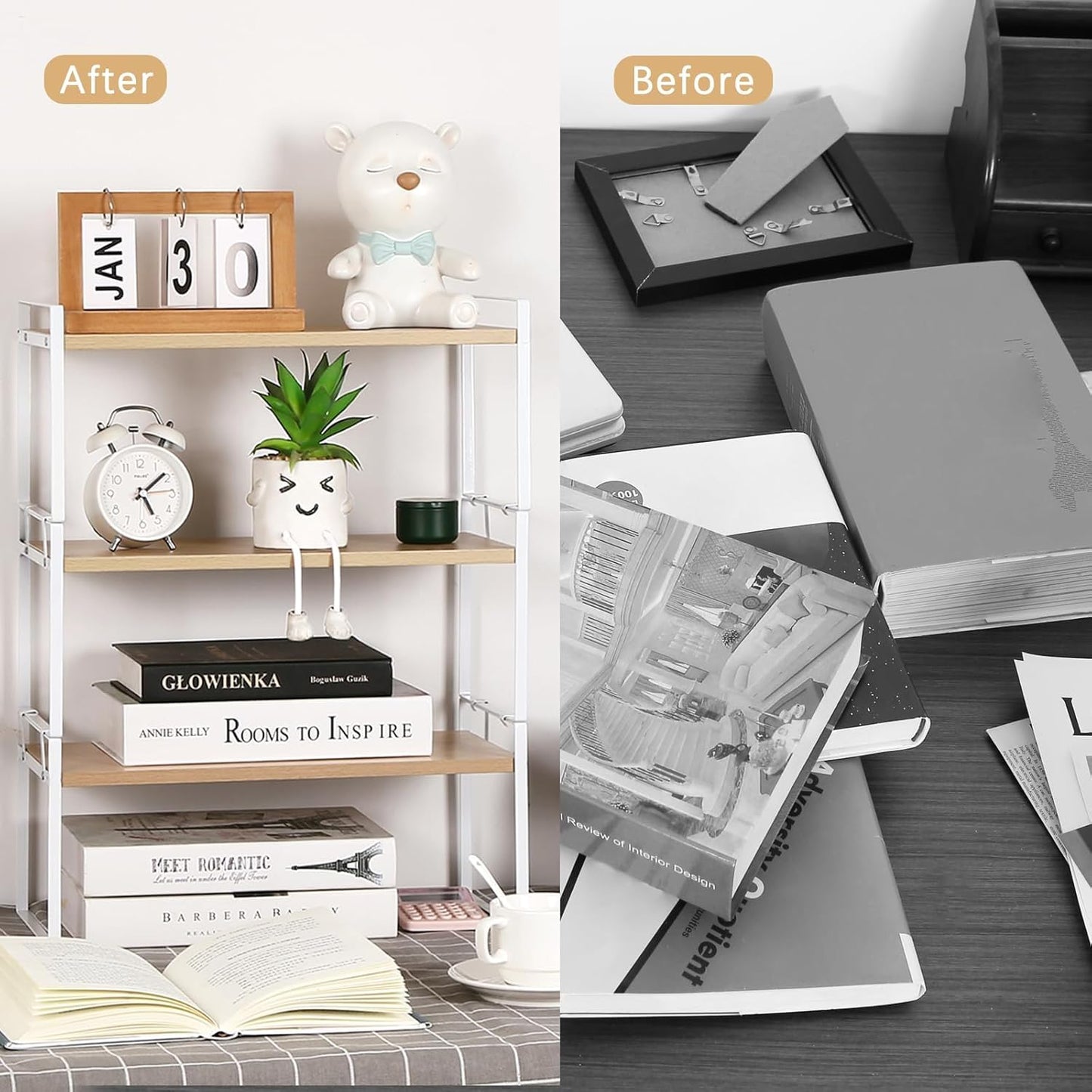 Wood Office Desk Shelf Organizer - Desktop Supplies Cute Dresser Top Organization Storage Rack and Cubicle Decor Aesthetic Bookshelf for Women Man and